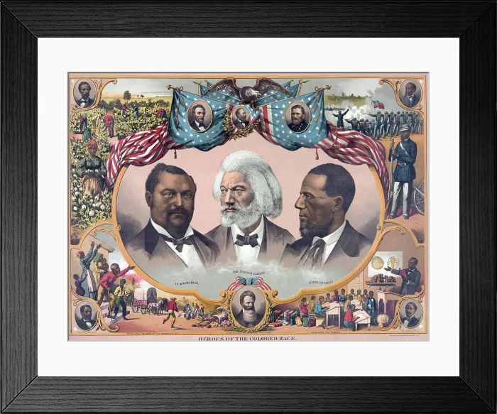 Framed Print : Heroes of the colored race: Blanche Bruce, Frederick Douglass, and Hiram Revels surrounded by scenes of African American life and portraits of John Lynch, Abraham Lincoln Framed Print : Heroes of the colored race: Blanche Bruce, Frederick Douglass, and Hiram Revels surrounded by scenes of African American life and portraits of John Lynch, Abraham Lincoln