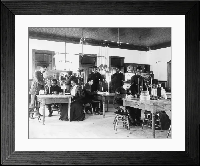 Framed Print : African American students in a class in capillary physics at Hampton Institute, Hampton, Virginia. Ca. 1899 Framed Print : African American students in a class in capillary physics at Hampton Institute, Hampton, Virginia. Ca. 1899