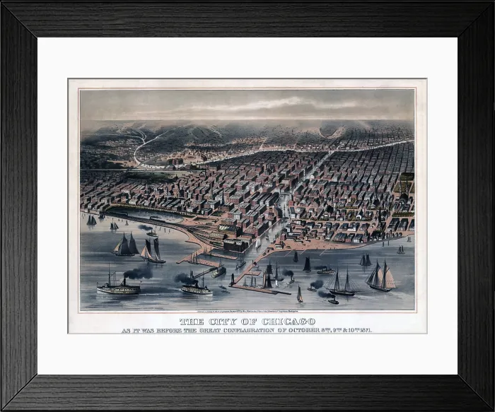 Framed Print : Chicago. The City of Chicago as it was before the great conflagration of October 8th, 9th, & 10th, 1871. color lithograph 1872
