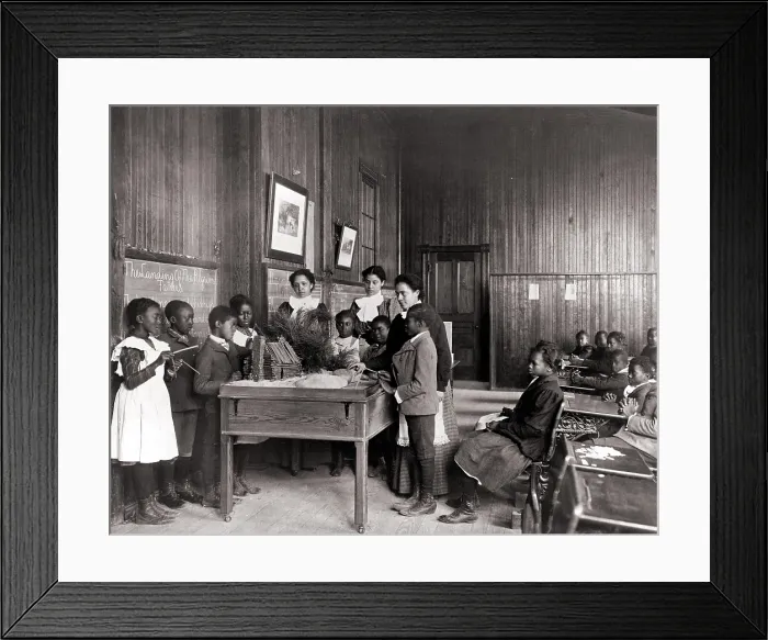 Framed Print : African American children learning about Thanksgiving, with model log cabin on table, Whittier Primary School, Hampton, Virginia