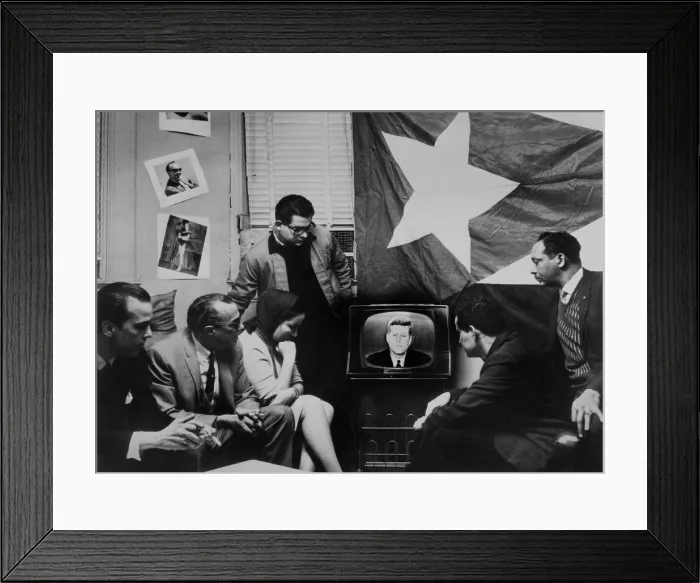Framed Print : Cuban refugees gather watch President Kennedy announcing a quarantine of their home island during the Cuban Missile Crisis. Oct. 22, 1962 Framed Print : Cuban refugees gather watch President Kennedy announcing a quarantine of their home island during the Cuban Missile Crisis. Oct. 22, 1962