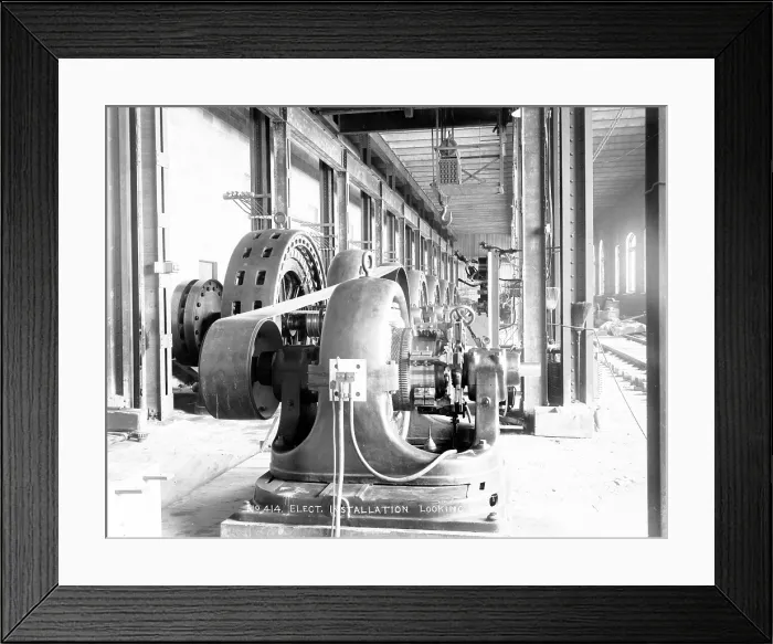 Framed Print : Electricty. Westinghouse belt-driven exciters and alternators. Michigan Lake Superior Power Company, Sault Ste. Marie, MI. photo, 1903 Framed Print : Electricty. Westinghouse belt-driven exciters and alternators. Michigan Lake Superior Power Company, Sault Ste. Marie, MI. photo, 1903