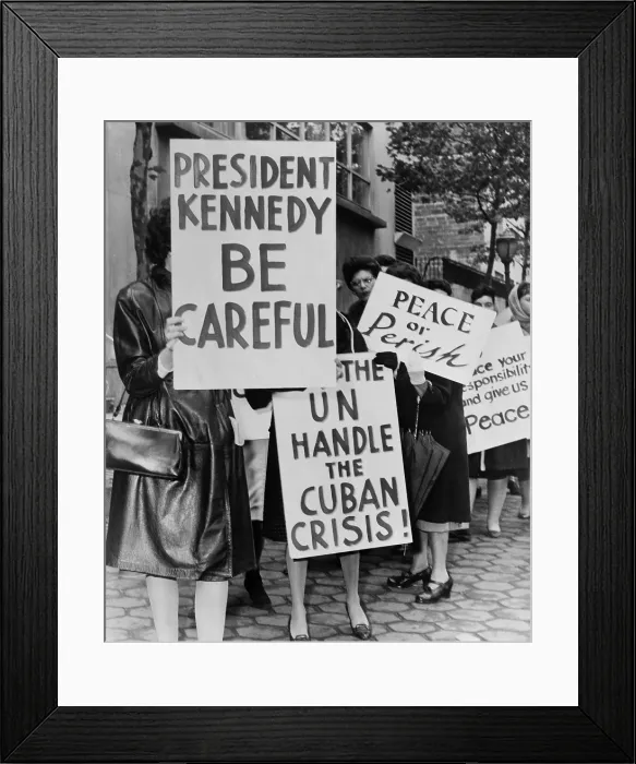 Framed Print : Women Strike for Peace. Some of the 800 women demonstrators holding placards reading President Kennedy Be Careful and Let the UN handle the Cuban Crisis