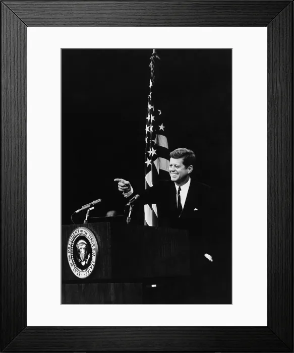 Framed Print : President Kennedy pointing to a reporter during a Press conference. 1961-1963 Framed Print : President Kennedy pointing to a reporter during a Press conference. 1961-1963