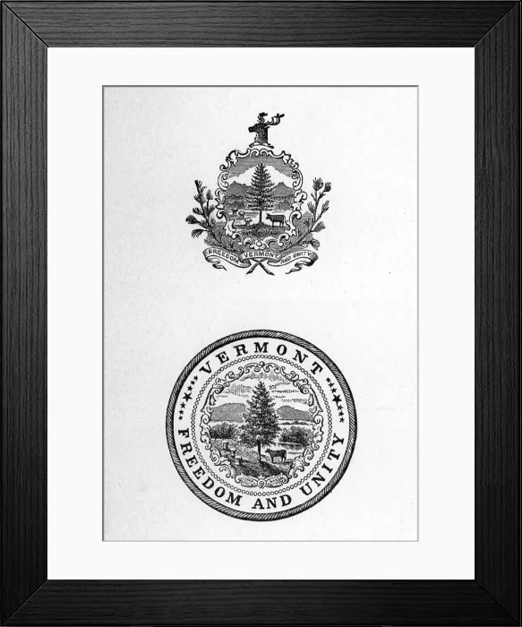 Framed Print : Coat of arms of the State of Vermont (top), Great Seal of the State of Vermont (bottom)