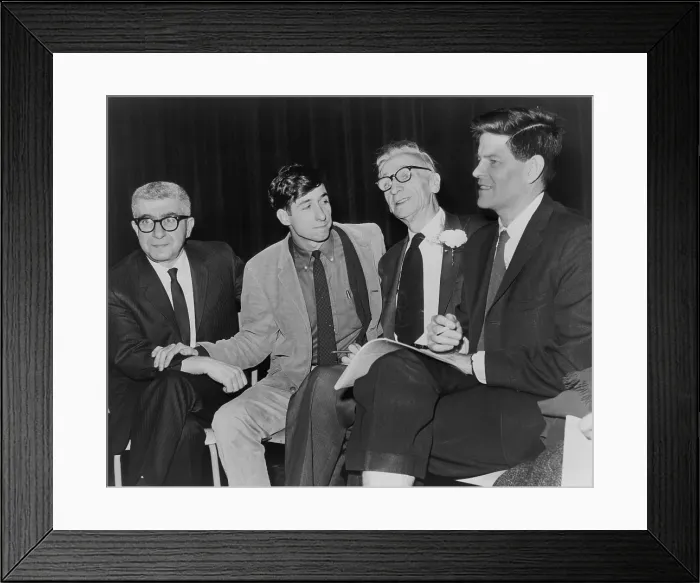 Framed Print : Anti-Vietnam War radicals to travel to Hanoi, North Vietnam. L-R: Herbert Aptheker, Tom Hayden, Abraham John Muste, and Staughton Lynd. Jan 8, 1966 Framed Print : Anti-Vietnam War radicals to travel to Hanoi, North Vietnam. L-R: Herbert Aptheker, Tom Hayden, Abraham John Muste, and Staughton Lynd. Jan 8, 1966
