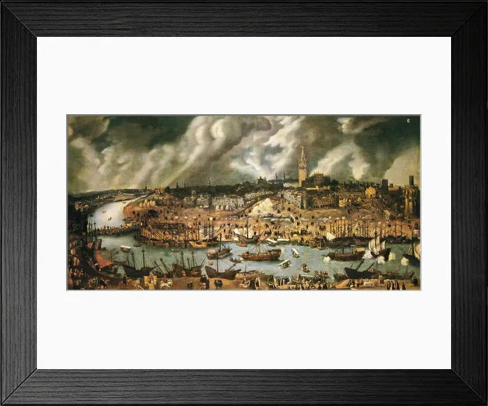 Framed Print : SANCHEZ COELLO, Alonso (1531-1588). The Port of Sevilla. end 16th c. Renaissance art. Oil on canvas. SPAIN. Madrid. America's Museum
