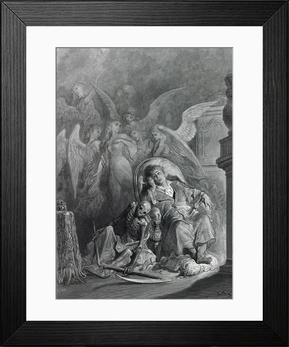 Framed Print : Gustave Dore illustration of Edgar Allan Poe's 'The Raven;' the poem's narrator with visions of angels surrounding the beloved departed Lenore. 1883 Framed Print : Gustave Dore illustration of Edgar Allan Poe's 'The Raven;' the poem's narrator with visions of angels surrounding the beloved departed Lenore. 1883