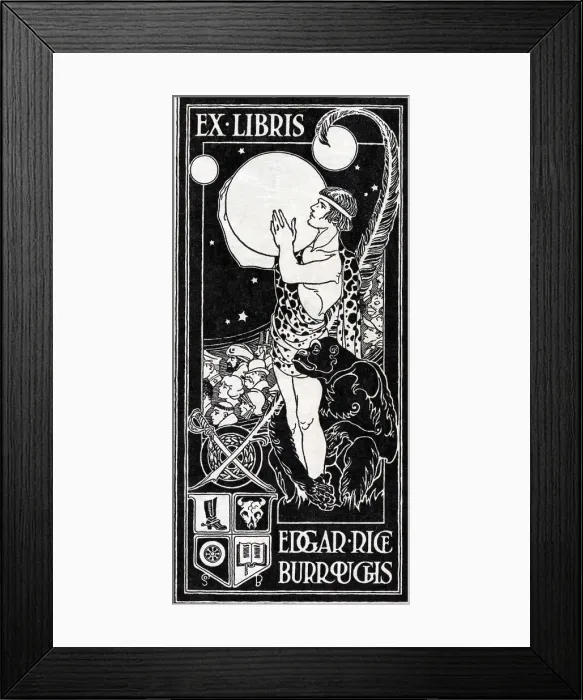 Framed Print : Edgar Rice Burroughs art nouveau bookplate shows Tarzan holding the planet Mars