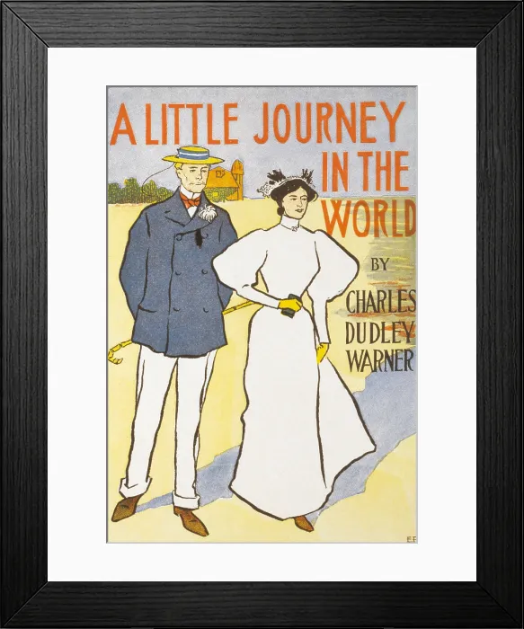 Framed Print : Book cover illustration for Charles Dudley Warner's (1829-1900), 1889 novel, A Little Journey into the World. Cover art by Edward Penfield (1866-1925)