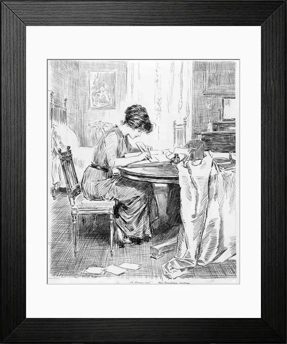 Framed Print : 1911 drawing by Charles Dana Gibson (1867-1944), shows a Gibson Girl writing at a table in a spacious bedroom