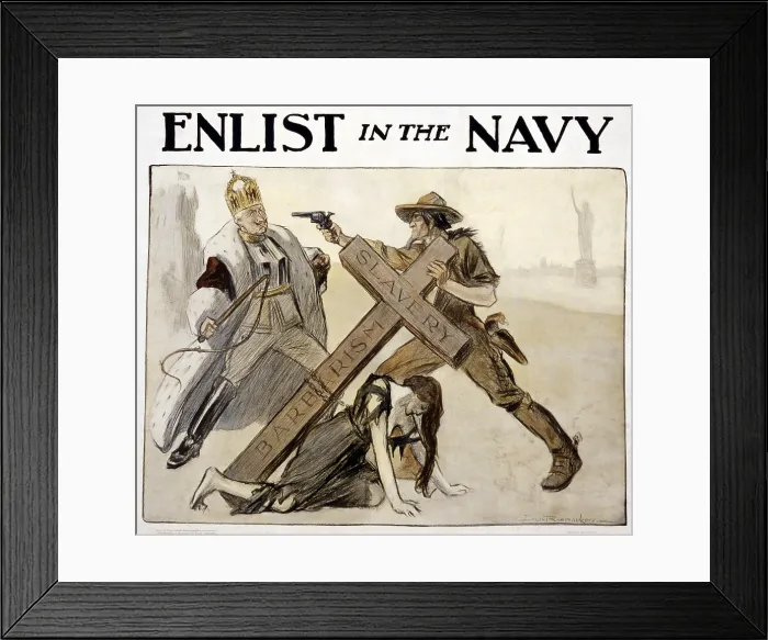 Framed Print : World War I American recruitment poster for US Navy shows Uncle Sam, protecting a woman and points a revolver at the crowned Kaiser. Statue of Liberty visible in background