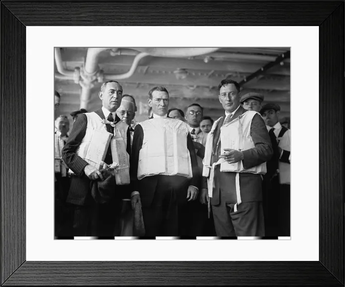 Framed Print : Albert Davis Lasker (left), founder of modern advertising, as chairman of the U.S. Shipping Board, takes part in an lifeboat drill with 1923 Framed Print : Albert Davis Lasker (left), founder of modern advertising, as chairman of the U.S. Shipping Board, takes part in an lifeboat drill with 1923