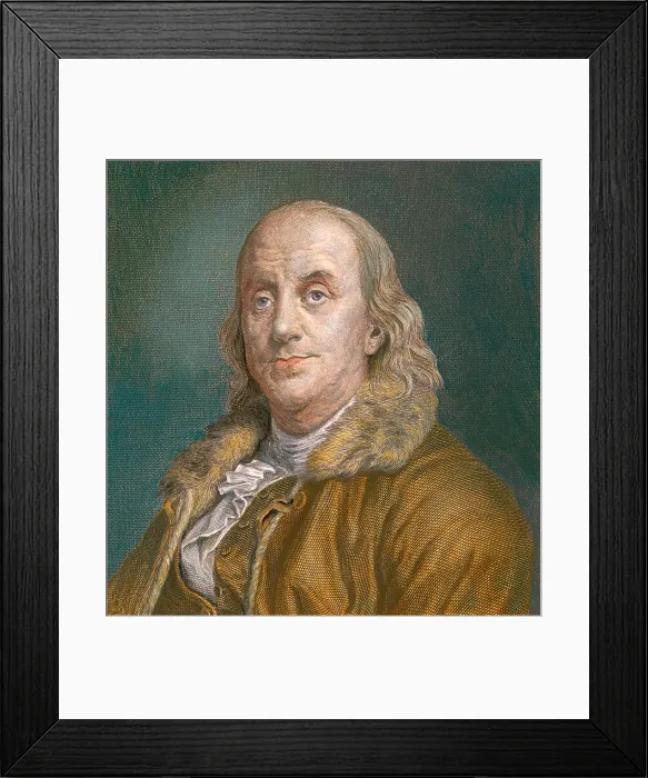 Framed Print : Benjamin Franklin (1706-1790) in 1883 portrait. Franklin did not wear the powdered wigs and elaborate tailored suits of his era. J.A. Duplessis portrait with modern color