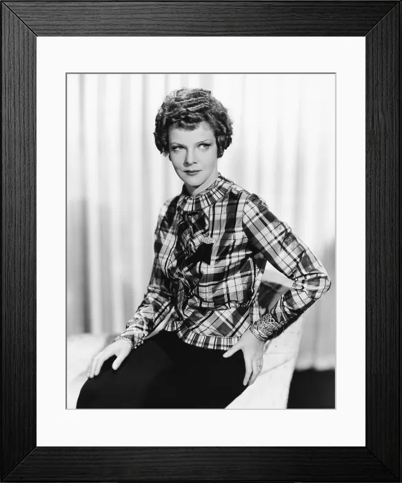 Framed Print : ENTER MADAME, Elissa Landi, modeling a plaid taffeta blouse in black, white and green, with ill-advised diamond accessories, 1935