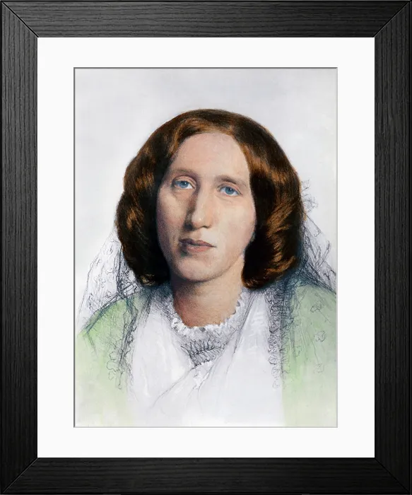 Framed Print : George Eliot (1819-1880) was born Mary Ann Evans, but wrote under a male name to gain acceptance denied many women writers. 1865 portrait by F.W.Burton with modern color