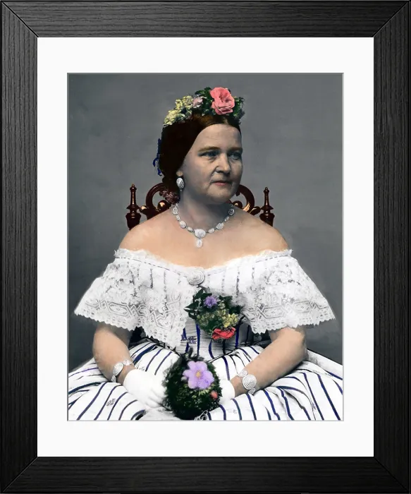 Framed Print : Mary Todd Lincoln (1818-1882), wife of President Lincoln, at age 45, while she was First Lady. Portrait by Mathew Brady with modern color. Ca. 1863 Framed Print : Mary Todd Lincoln (1818-1882), wife of President Lincoln, at age 45, while she was First Lady. Portrait by Mathew Brady with modern color. Ca. 1863