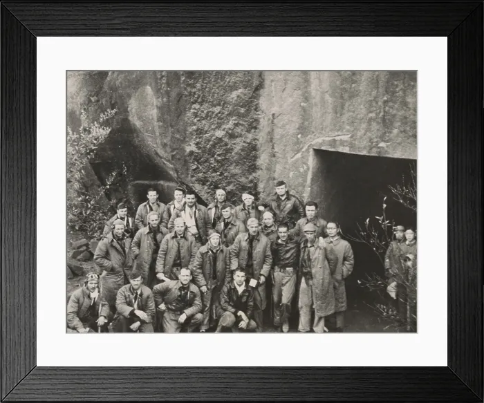 Framed Print : Survivors of General Jimmy Doolittle's Tokyo Raiders outside a shelter carved from a mountainside somewhere in China. 1943 Framed Print : Survivors of General Jimmy Doolittle's Tokyo Raiders outside a shelter carved from a mountainside somewhere in China. 1943