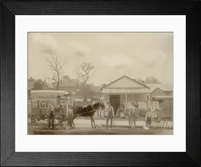 Framed Print : Horse-drawn ice wagon and workers preparing for their day's work delivery ice for the ice box refrigerators ca. 1899