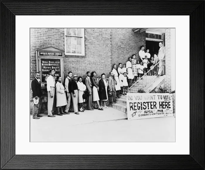 Framed Print : African American men and women wait in line for voter registration, at the Antioch Baptist Church in 1948 (location unknown) Framed Print : African American men and women wait in line for voter registration, at the Antioch Baptist Church in 1948 (location unknown)