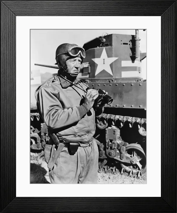 Framed Print : General George S. Patton (1885-1945), U.S. Army General, commanding officer of First Armored corps observing M3 Tanks on Training maneuvers in May 1942