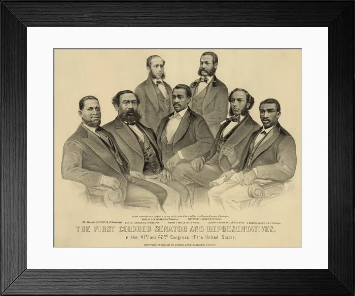 Framed Print : The first African American Senator and Representatives in the 41st and 42nd Congress of the United States. Group portrait of African American legislators: Robert C Framed Print : The first African American Senator and Representatives in the 41st and 42nd Congress of the United States. Group portrait of African American legislators: Robert C