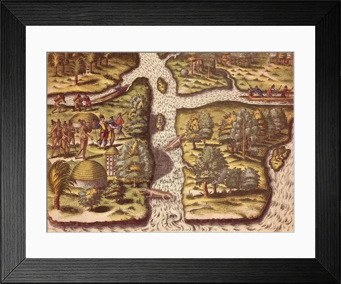 Framed Print : Settlers from the first French expedition to America in 1562, leaded by Jean Ribault, exchanging supplies with Native American People, near Charlesfort (nowadays Beaufort)