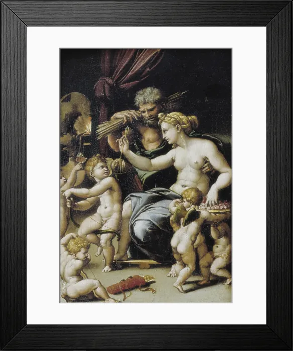 Framed Print : ROMANO, Giulio, Workshop of. Venus and Vulcan. ca. 1530. Renaissance art. Cinquecento. Roman school. Oil on wood. FRANCE. Paris. Louvre Museum