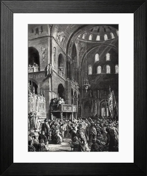 Framed Print : IV Crusade (1202-1204). The Dux of Venice Enrico Dandolo blesses the crusade in the church of Saint Mark before leaving to Zara. Engraving