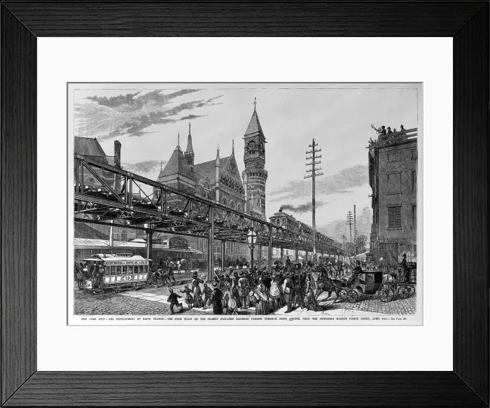 Framed Print : New York City. the first train on the Gilbert Elevated Railroad passing through Sixth Avenue, near the Jefferson Market Police Court. woodcut, April 29th, 1878