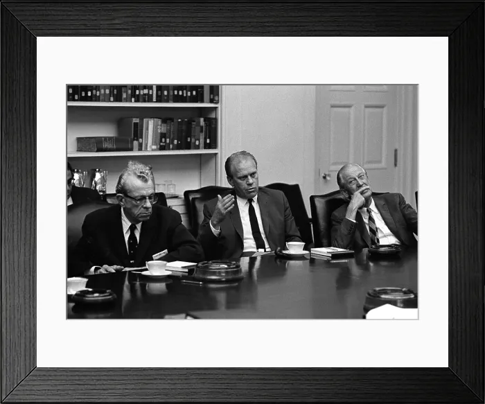 Framed Print : Vietnam War escalation. Republican leaders meet with President Lyndon Johnson (unseen) after five US planes were shot down in attacks on North Vietnamese anti-aircrafts missiles Framed Print : Vietnam War escalation. Republican leaders meet with President Lyndon Johnson (unseen) after five US planes were shot down in attacks on North Vietnamese anti-aircrafts missiles