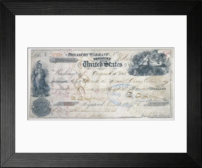 Framed Print : Check for the Purchase of Alaska. Cancelled check in the amount of $7.2 million, for the purchase of Alaska from Russia, issued August 1, 1868 Framed Print : Check for the Purchase of Alaska. Cancelled check in the amount of $7.2 million, for the purchase of Alaska from Russia, issued August 1, 1868