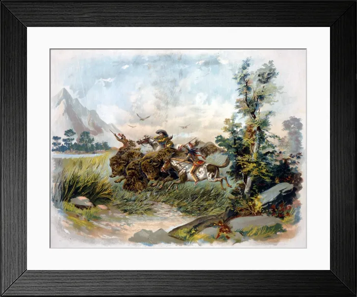 Framed Print : Buffalo hunt in the wild west. A buffalo hunter shooting a buffalo as two Natives ride alongside with spears. chromolithograph. c1897 Framed Print : Buffalo hunt in the wild west. A buffalo hunter shooting a buffalo as two Natives ride alongside with spears. chromolithograph. c1897