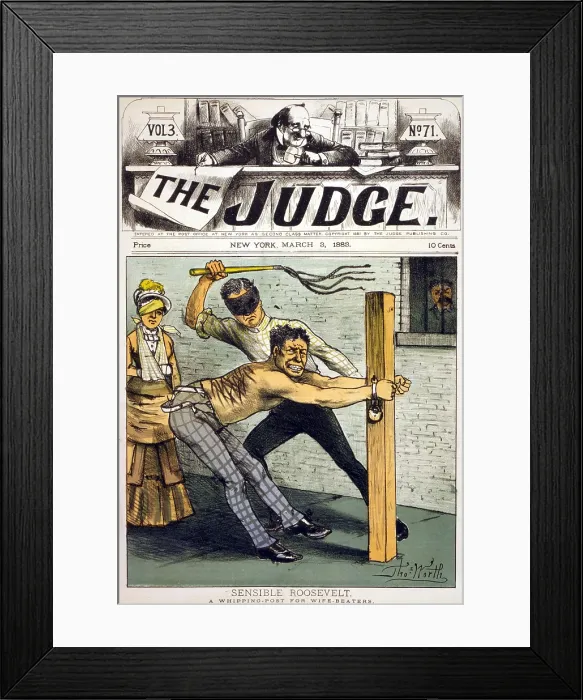 Framed Print : Theodore Roosevelt advocated a whipping post for men who beat their wives. This cartoon illustration shows a man manacled to whipping post, as a woman with arm in sling looks Framed Print : Theodore Roosevelt advocated a whipping post for men who beat their wives. This cartoon illustration shows a man manacled to whipping post, as a woman with arm in sling looks