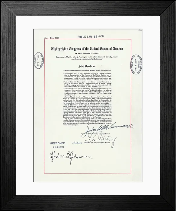 Framed Print : Vietnam War. Tonkin Gulf Resolution, August 7, 1964. This joint resolution of Congress gave President Lyndon Johnson authority to increase U.S. involvement in the Vietnam War Framed Print : Vietnam War. Tonkin Gulf Resolution, August 7, 1964. This joint resolution of Congress gave President Lyndon Johnson authority to increase U.S. involvement in the Vietnam War
