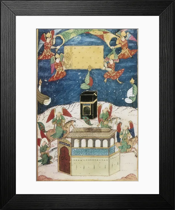 Framed Print : SUFTI ABDULLAH (16th century). Angels decorating the Kaaba. 1594. Ottoman art. Miniature Painting. TURKEY. Istanbul. Library of Ahmed III (Topkapi Palace). - J
