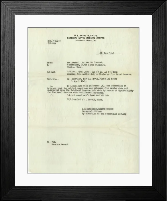 Framed Print : Jack Kerouac. Honorable discharge from the US Navy for being unfit for duty'. June 1943