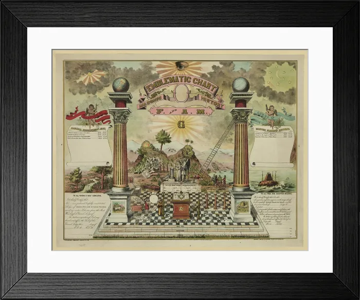 Framed Print : Masonic emblematic chart depicting all-seeing eye, ark, beehive, lamb, globes on top of columns, square and compass, trowel, and anchor, c. 1877 Framed Print : Masonic emblematic chart depicting all-seeing eye, ark, beehive, lamb, globes on top of columns, square and compass, trowel, and anchor, c. 1877