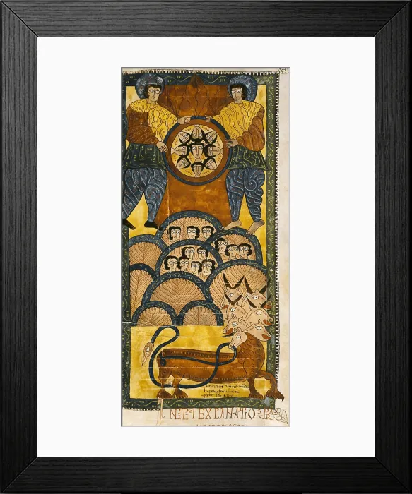 Framed Print : Escorial Beatus. 950 - 955. Cod & II. 5. Folio 122v. Gog and Magog. Codex with the Commentary on the Apocalypse of St. John (776-786) of Beatus of Liebana. Preromanesque art Framed Print : Escorial Beatus. 950 - 955. Cod & II. 5. Folio 122v. Gog and Magog. Codex with the Commentary on the Apocalypse of St. John (776-786) of Beatus of Liebana. Preromanesque art