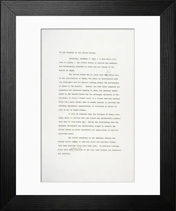 Framed Print : World War II. Day of Infamy Speech by Franklin D. Roosevelt, requesting that Congress declare war on the Japanese Empire. December 8, 1941 Framed Print : World War II. Day of Infamy Speech by Franklin D. Roosevelt, requesting that Congress declare war on the Japanese Empire. December 8, 1941