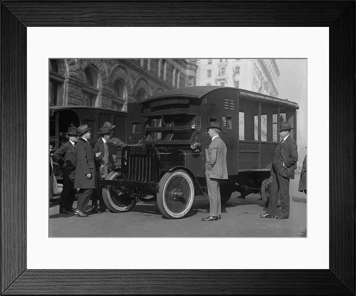 Framed Print : Postmaster General Will Hayes, inspecting the new armored trucks to protect the mails from robbers. Earlier in 1921, the U.S