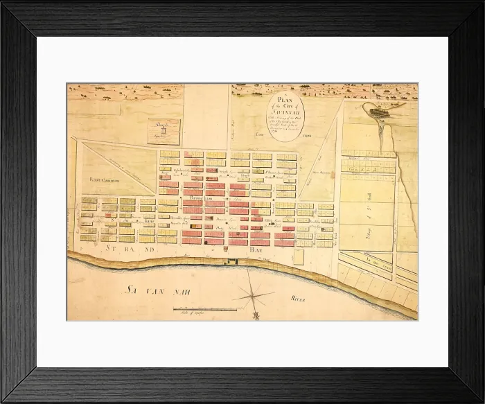 Framed Print : A plan of the city of Savannah : with a drawing of the part of the city burnt in the dreadful fires of the 26 November & 6 December, 1796. Manuscript map. 1796 Framed Print : A plan of the city of Savannah : with a drawing of the part of the city burnt in the dreadful fires of the 26 November & 6 December, 1796. Manuscript map. 1796