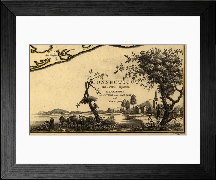 Framed Print : The American Revolution. A view of a colonial Connecticut town, taken from a cartouche on a map ca. 1777