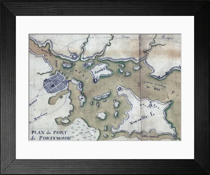 Framed Print : The American Revolution. Portsmouth, New Hampshire. Manuscript map of Portsmouth harbor detailing fortifications. 1782