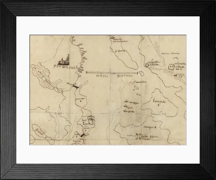 Framed Print : The American Revolution. Portsmouth, New Hampshire. Manuscript map of Portsmouth harbor detailing fortifications and French warships. 1782