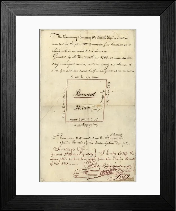 Framed Print : Barnard, Vermont. Originaly Bernard, a town chartered under a New Hampshire Grant. Plan of a land grand by Governor Benning Wentworth ca 1761