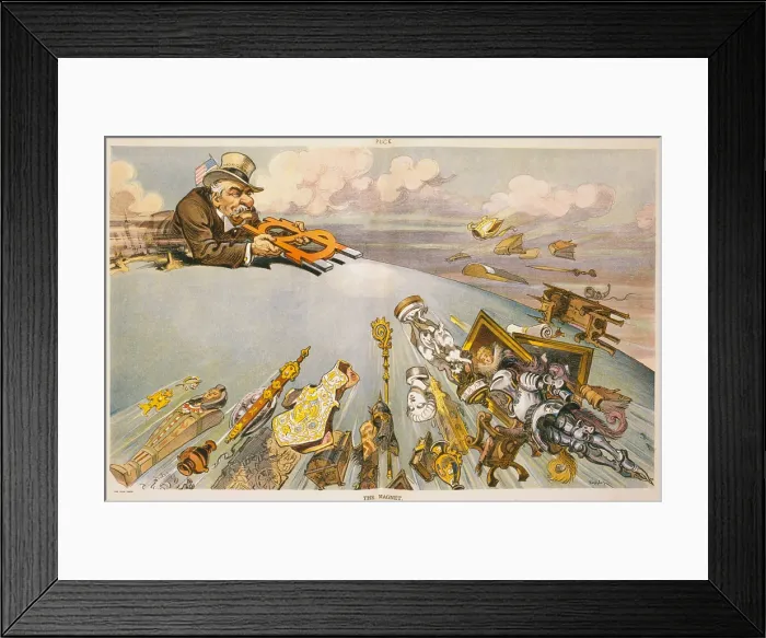 Framed Print : 1911 cartoon showing John Pierpont Morgan, one of the wealthiest man in the world, with a large magnet in shape of money sign, drawing in paintings, suits of armor