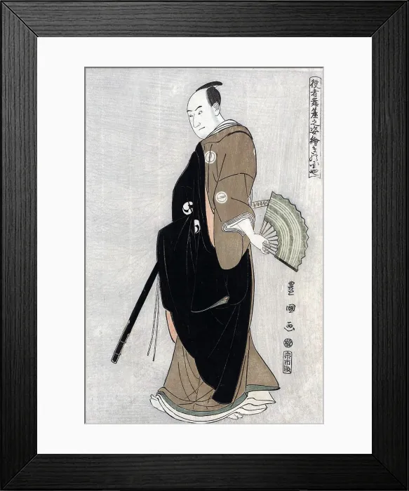 Framed Print : Japanese woodcut by Toyokuni Utagawa (1769-1825) of actor Sawamura Sanj-ro III holding a fan, in the role of Oboshi Yuranosuke. 1794