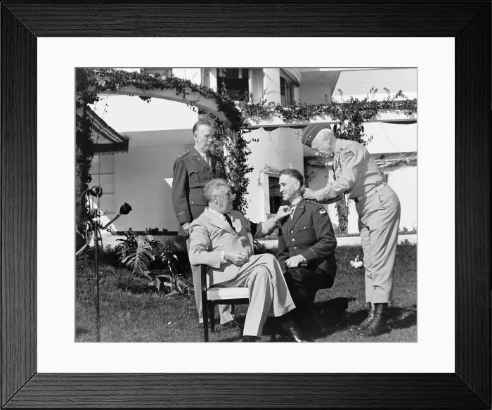 Framed Print : President Roosevelt with Major General George Patton, pinning the Congressional Medal of Honor upon Brig. General William H. Wilbur, as General George Marshall looks