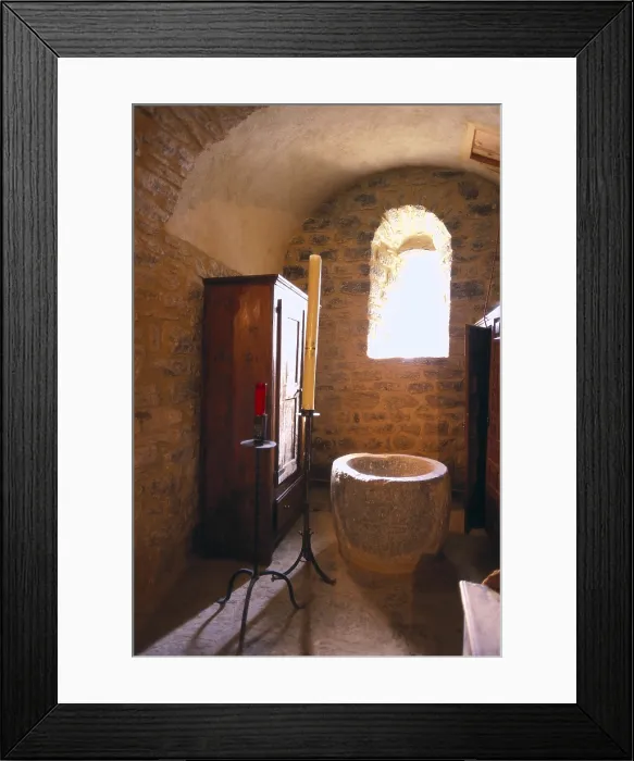 Framed Print : SPAIN. Toses. Church of Sant Cristfol de Toses (11th c.). Interior and baptismal font. Romanesque art. AISA / Everett Collection**US SALES ONLY**